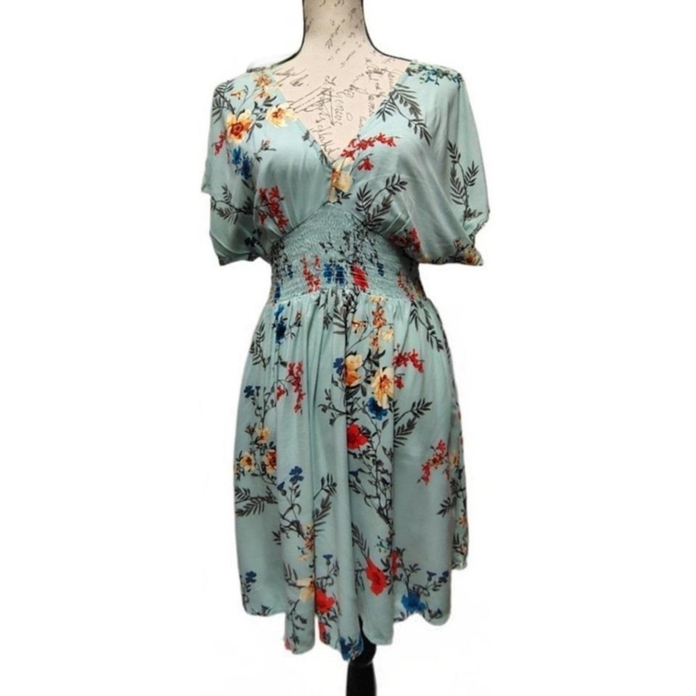 Teal Cottage Bold Floral Knee Length Dress Medium Summer Smocked Garden Party